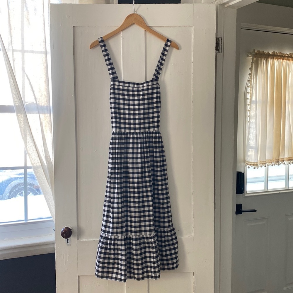 Ann Taylor LoftNWOT Black White Gingham Print Tiered Cross Strap Midi Dress Sz 8